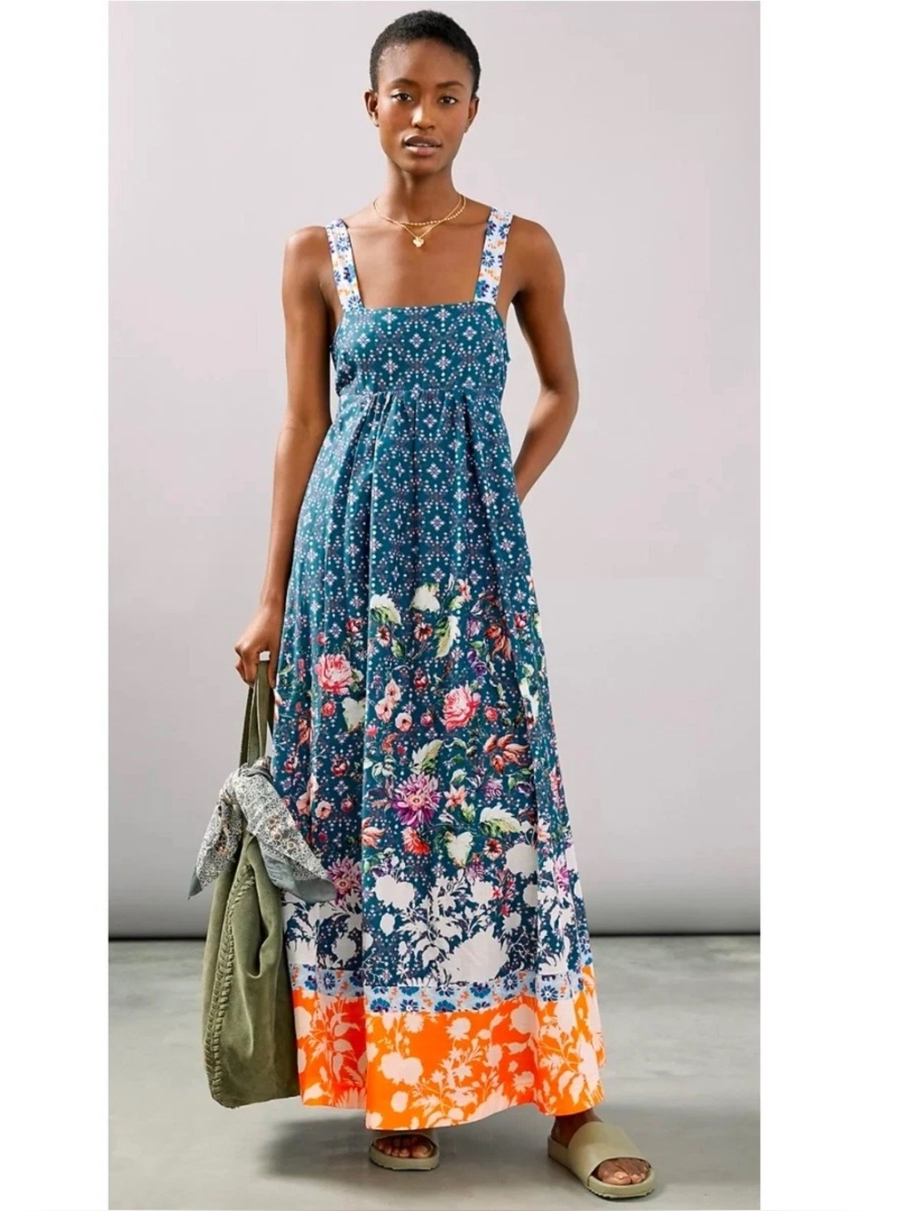 Floral Tiered Maxi Dress in Teal and Orange
